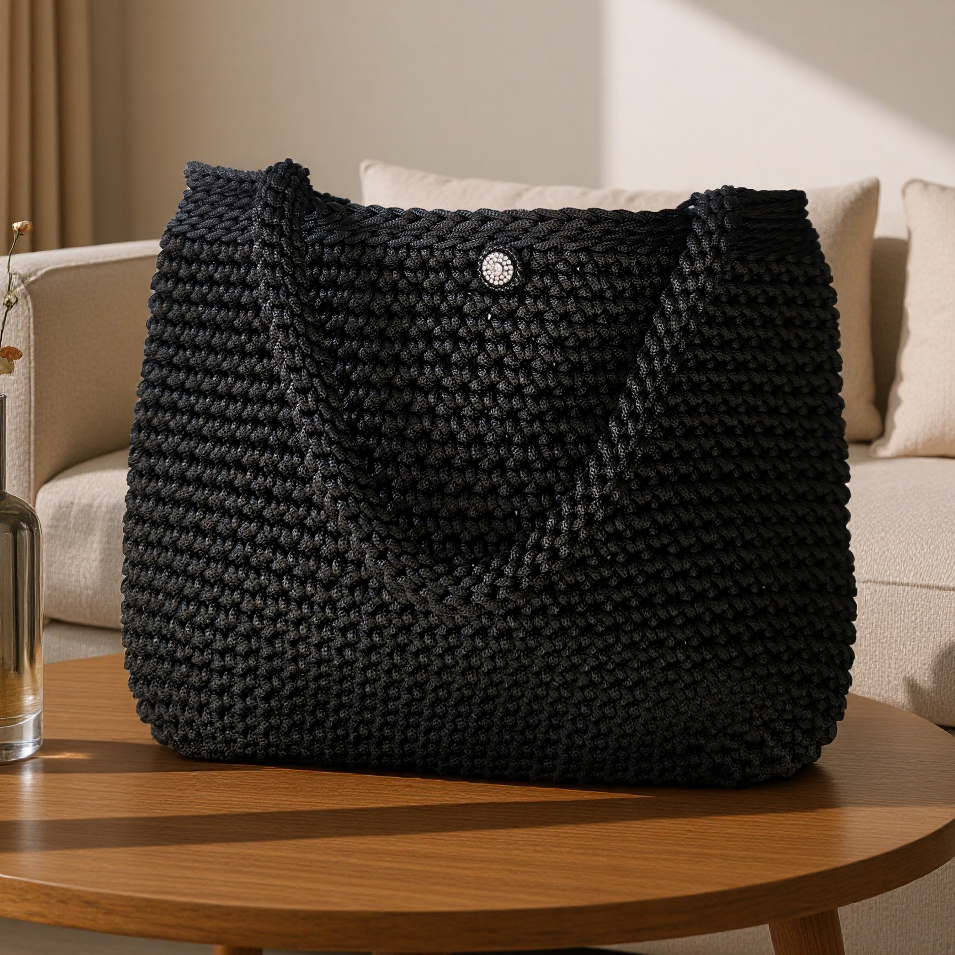 Obsidian Black Hand Crocheted Tote Handbag