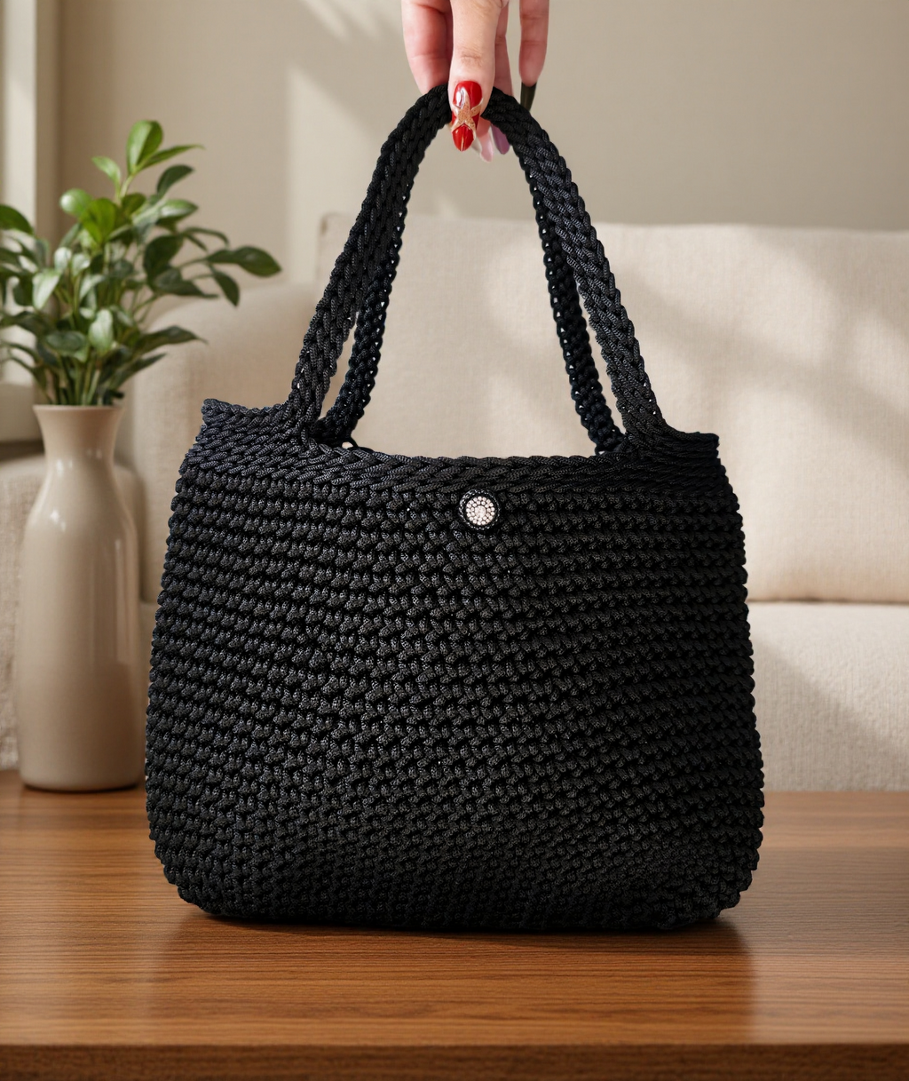 Obsidian Black Hand Crocheted Tote Handbag