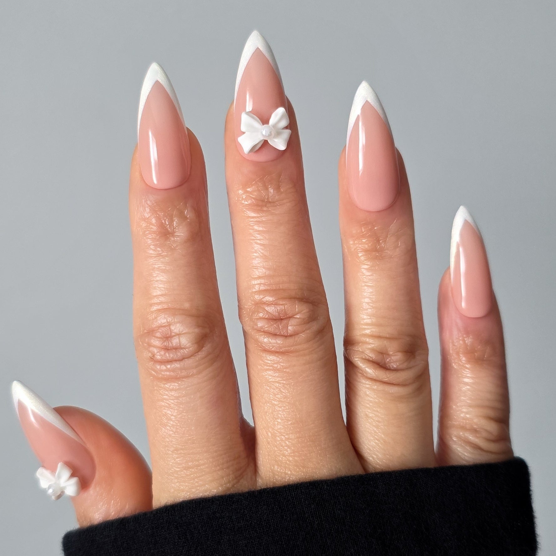 Pearl Bow Chic French Tip Custom Press On Nail Set