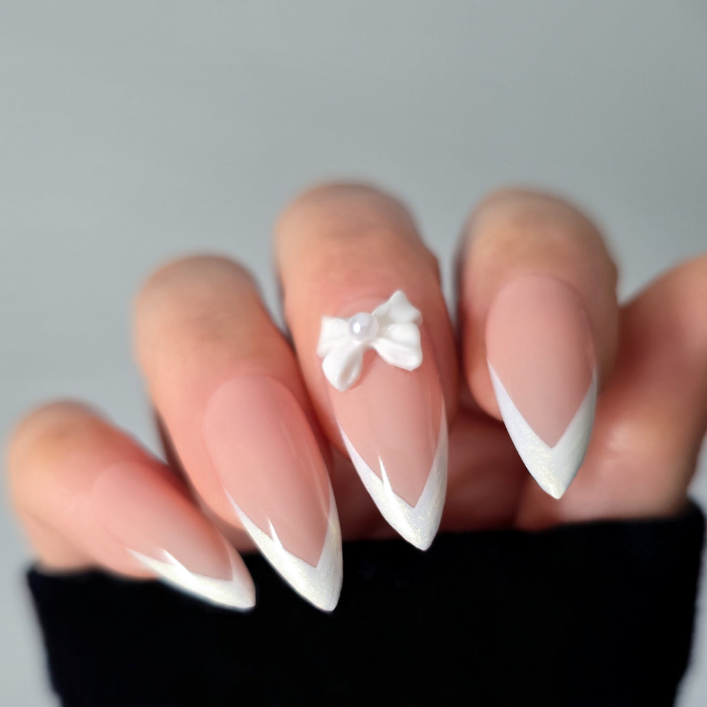 Pearl Bow Chic French Tip Custom Press On Nail Set