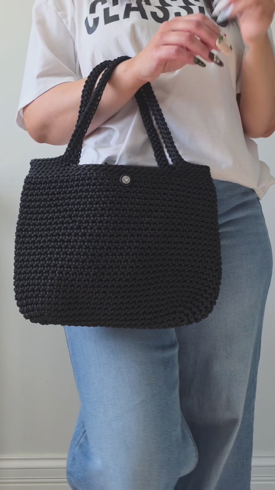 Obsidian Black Hand Crocheted Tote Handbag