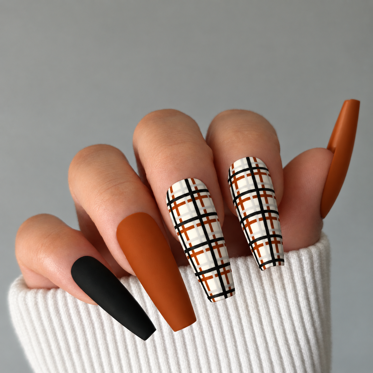 Plaid Autumn Pumpkin Spice Custom Press On Nail Set